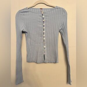 Free People Sky Blue Ribbed Button-Front long Sleeve Shirt